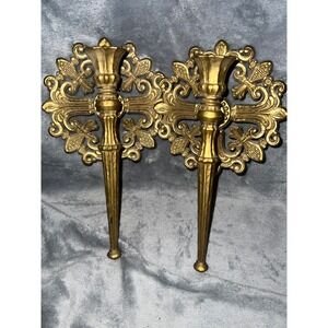 Vintage Dart Gold Wall Candle Sconces Set Hollywood Regency Fleur De Lis Decor